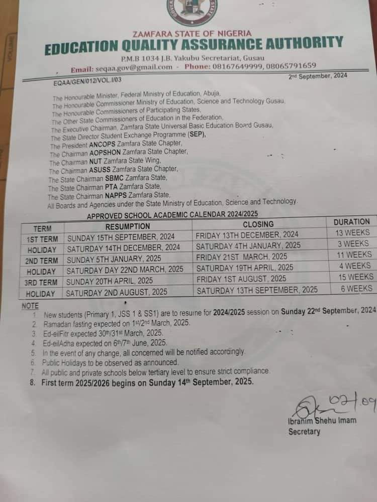 APPROVED SCHOOL ACADEMY CALENDAR FOR 2024/2025